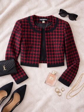 Karl Lagerfeld Houndstooth Cropped Tweed Jacket